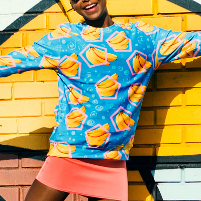 Blue Cotton Sweater with Banana Pattern